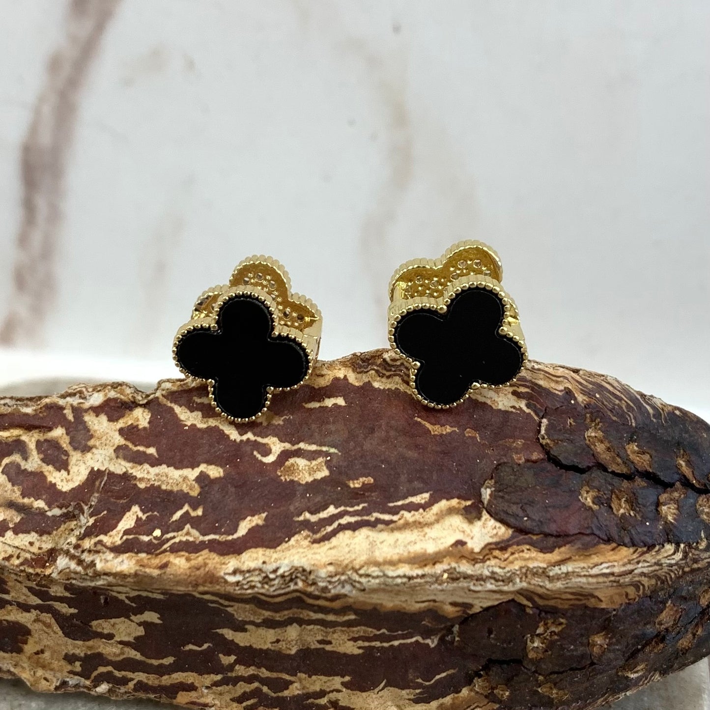 2 sides Black Zirconia Clover Gold Earrings