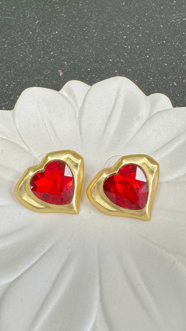 Wave Red Quartz Heart Gold Earrings