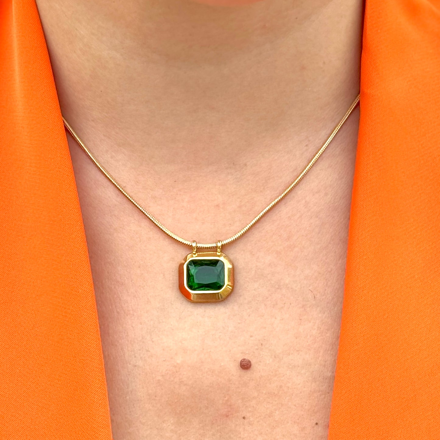 Green Rec Baguette Gold Necklace