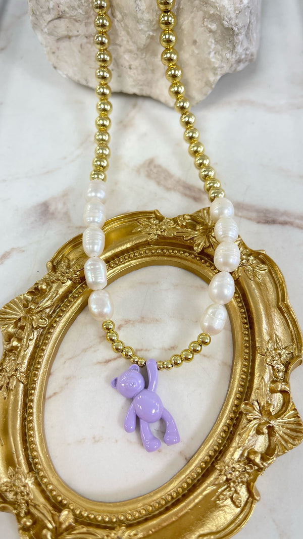 Pearls and Gold Necklace With Purple Teddy