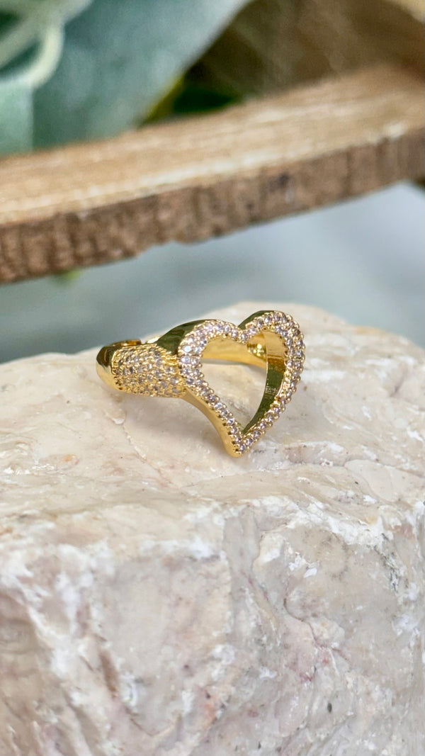 Open Heart With Clear Quartz Gold Ring