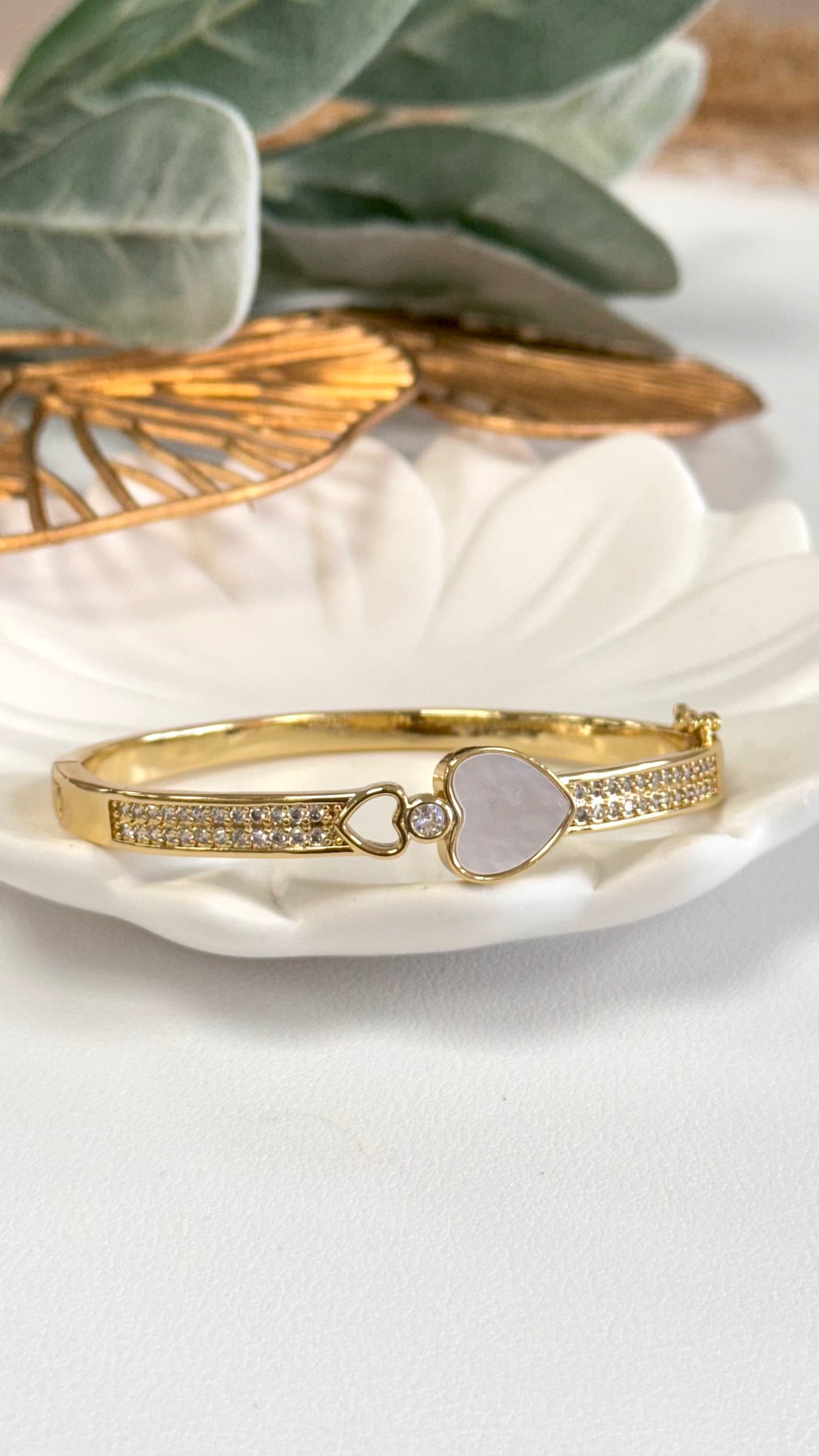 Gold Bangle With Open And White Heart