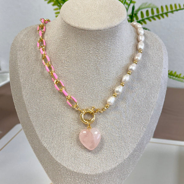 Half Pink Chain And Pearl Necklace With Pink Quartz Heart