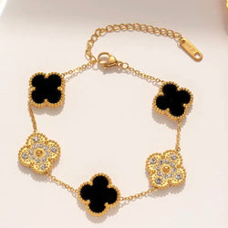 Black and Zirconia Clover Gold Bracelet