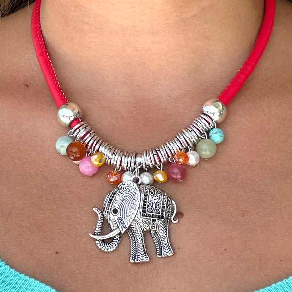 Red Cord Silver Elephant Necklace