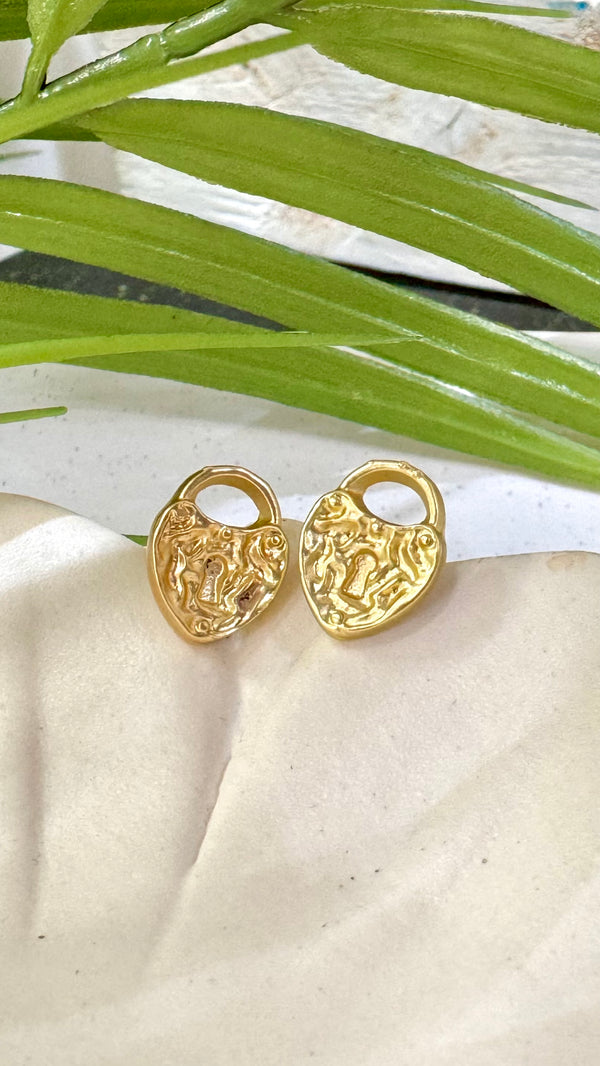 Lock Heart Gold Stud Earrings