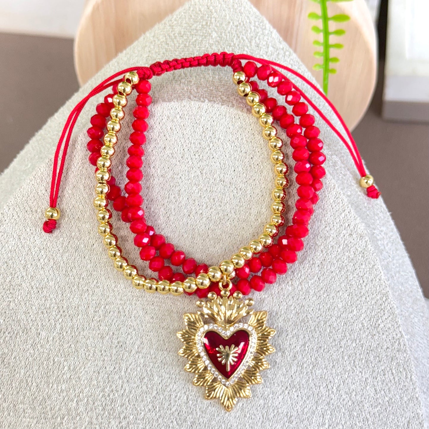 Three Layers Red And Gold With Heart Bracelet