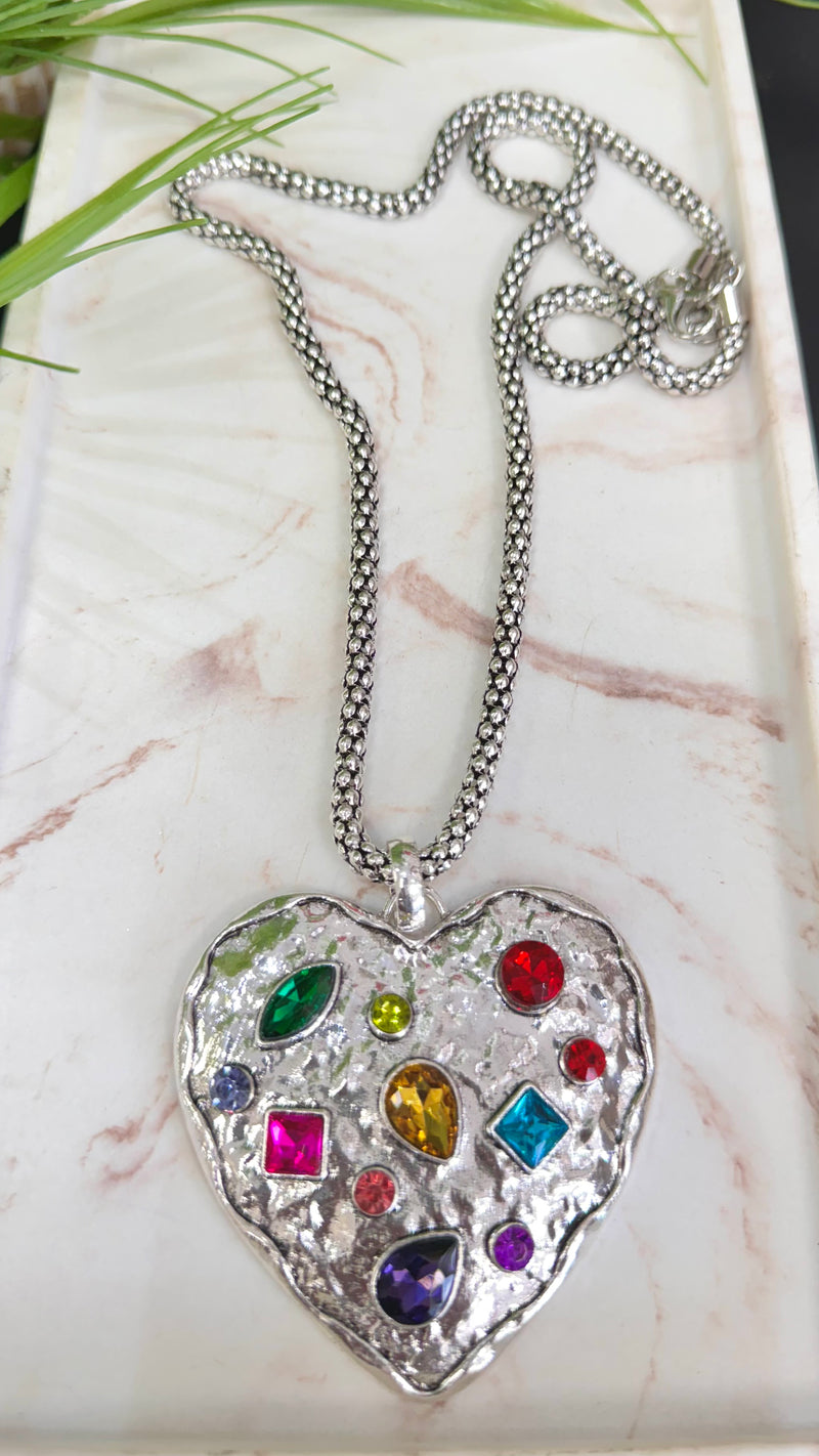 Multi Color Quartz Heart Silver Necklace