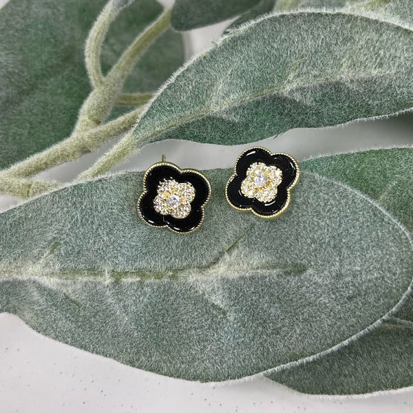 Black Clover With Zirconia Center Earrings