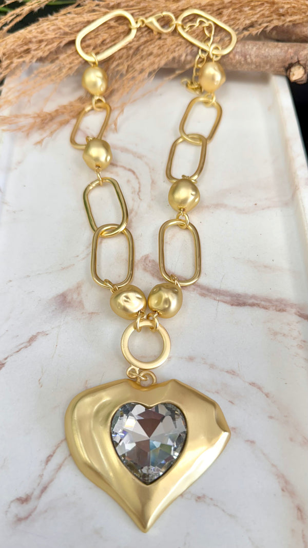 Wave Clear Quartz Heart Gold Necklace