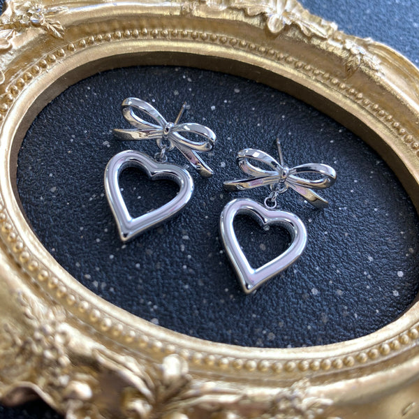 Heart Bow Silver Earrings