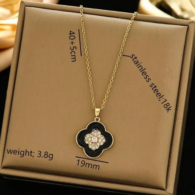 Black Clover With Zirconia Center Necklace