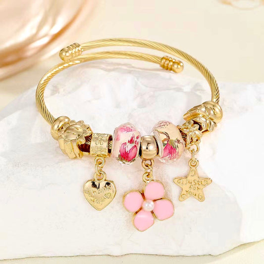 Pink Flower Charm Cord Bracelet