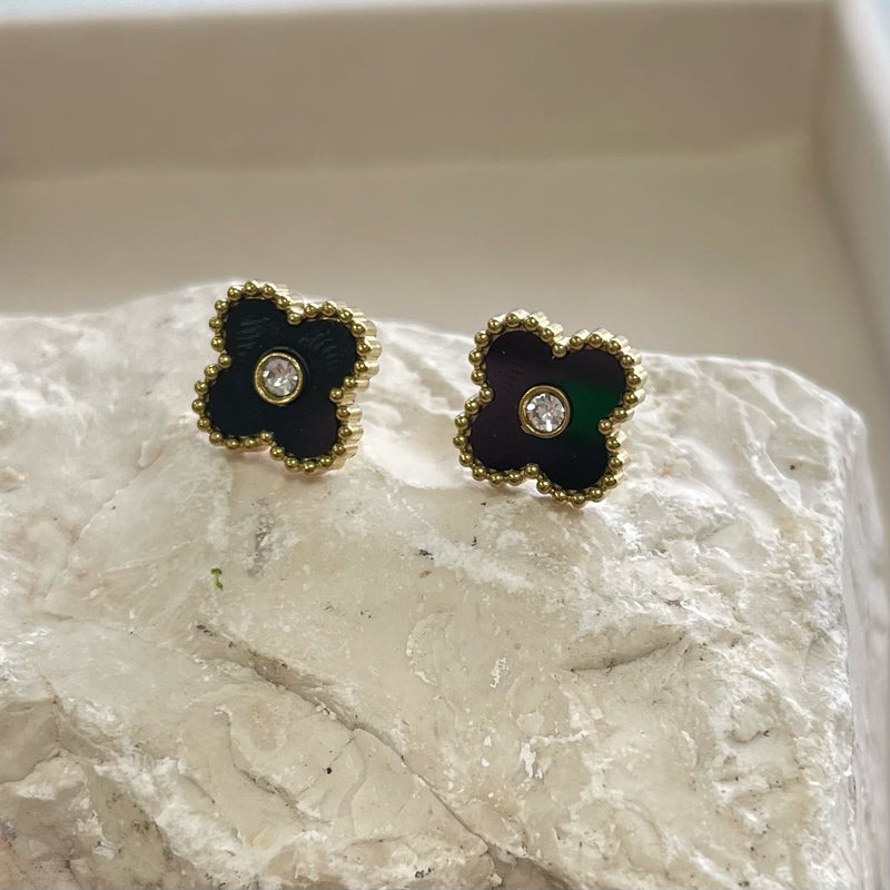 Black Clover With Stone Center Earrings