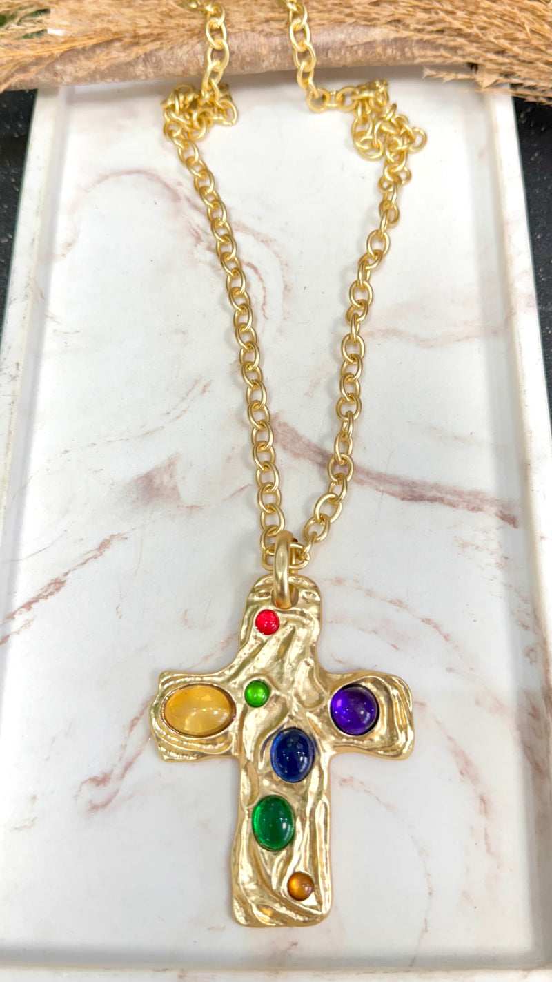 Cross Multicolors Gold Necklace