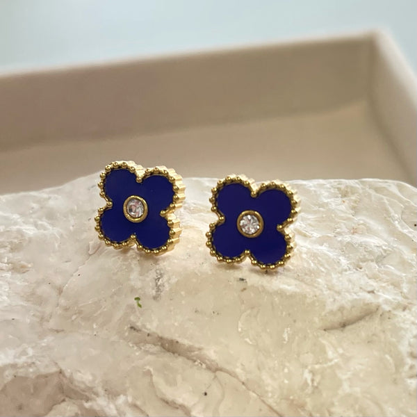 Blue Clover With Stone Clear Earrings