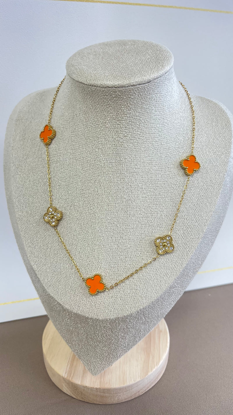 Orange And Zirconia Clover Gold Necklace