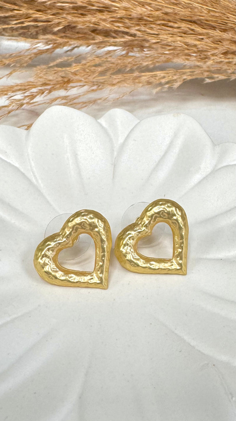Open Hammered Heart Gold Earrings