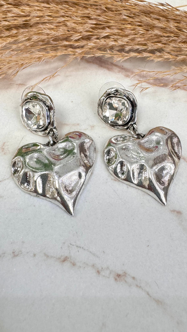 Clear Stone Heart Silver Earrings