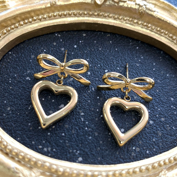 Heart Bow Gold Earrings