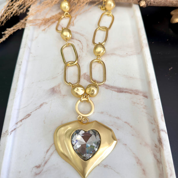 Wave Clear Quartz Heart Gold Necklace