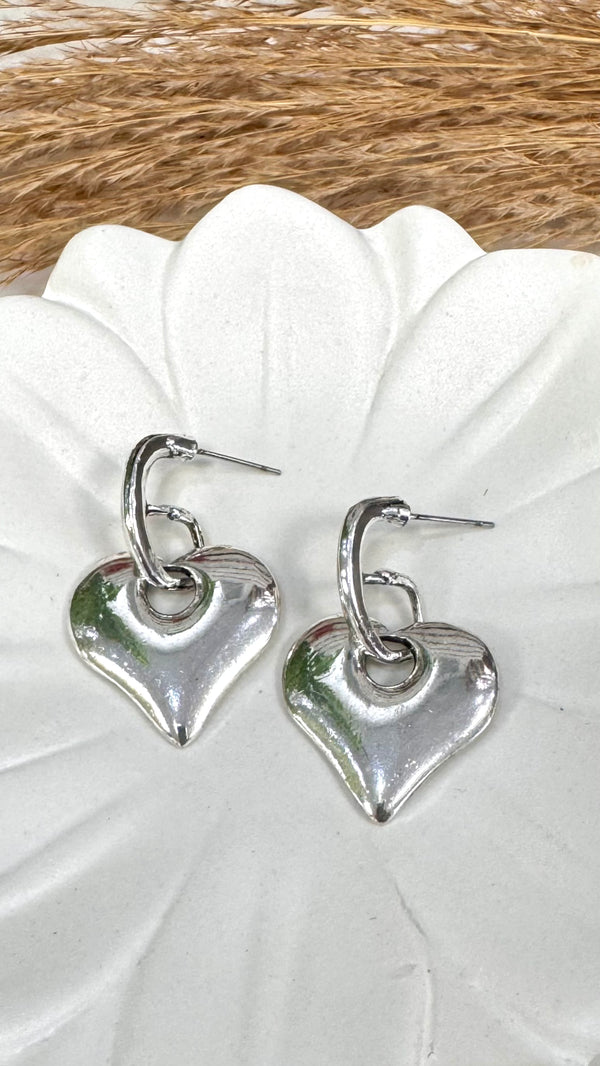 Heart Pendant Hoop Silver Earrings
