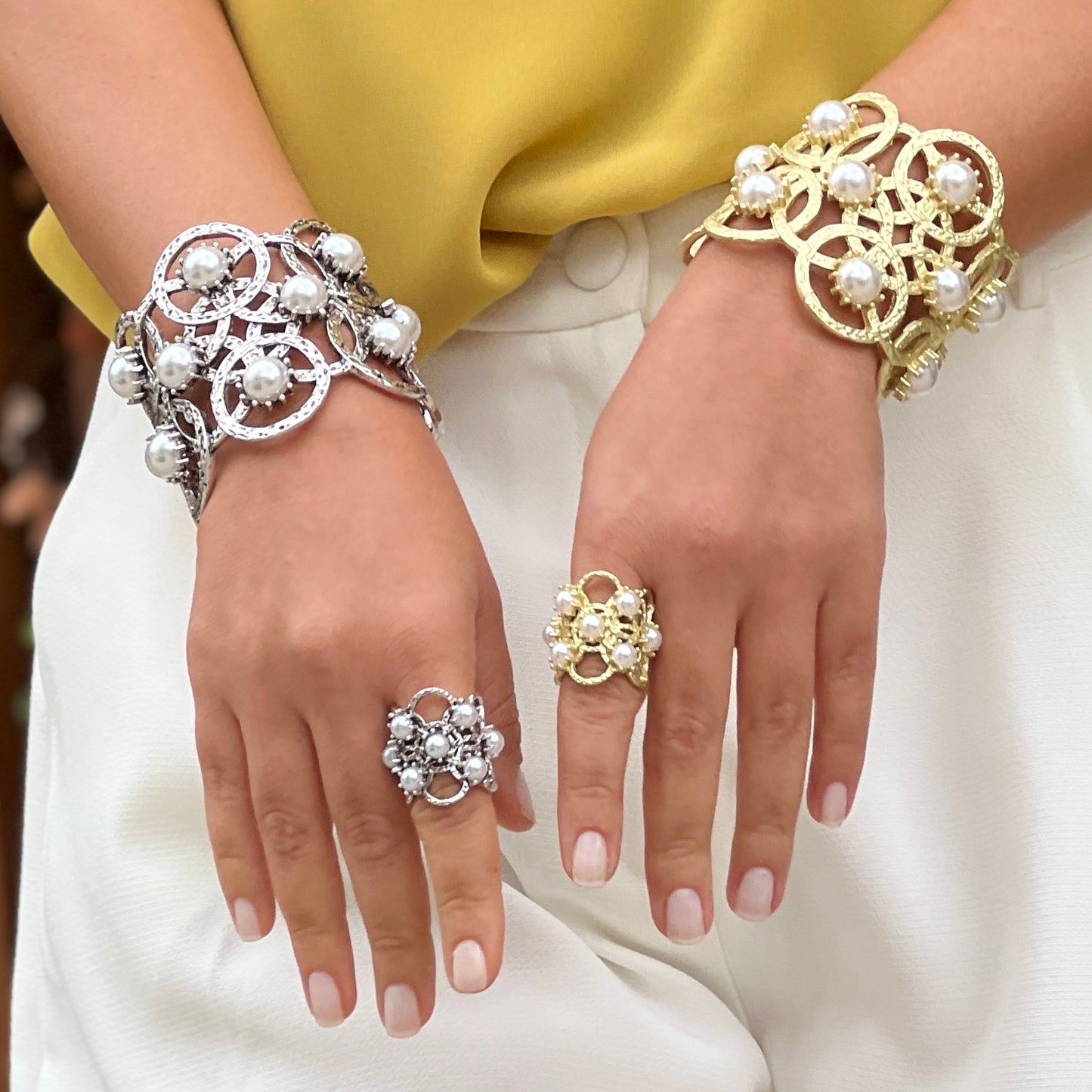 Circles With Pearls Gold Cuff