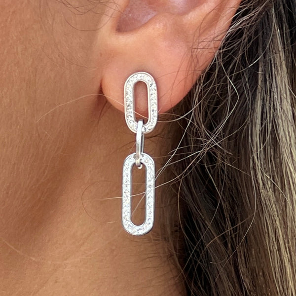 Crystal Oval Chain Silver Earring