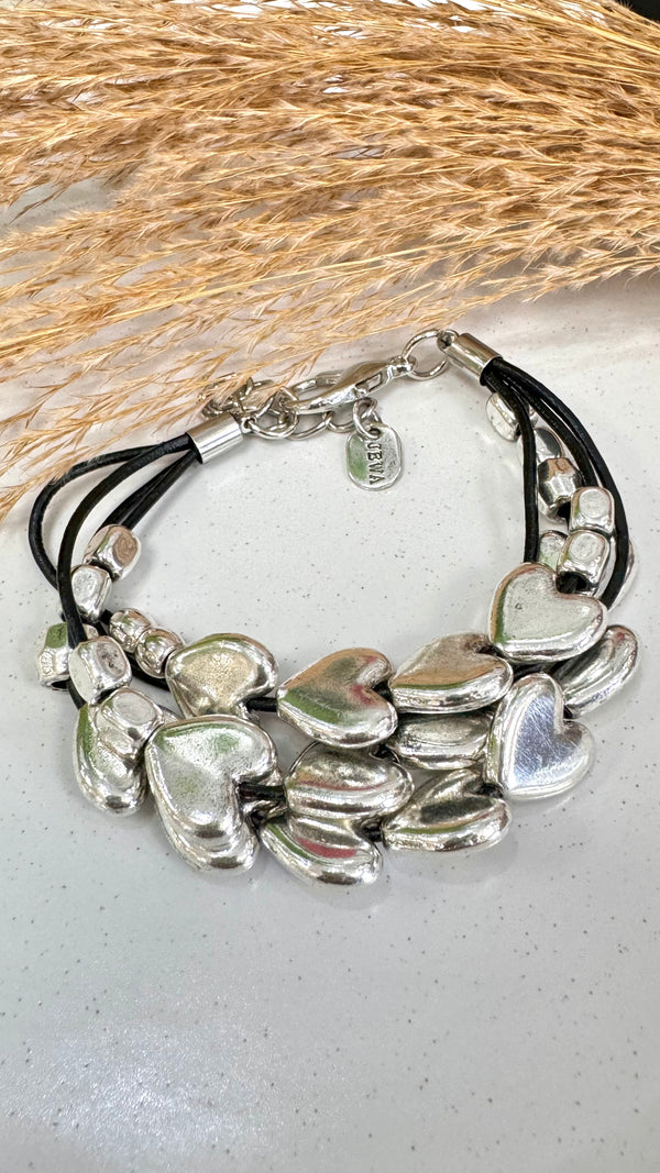 Mid Bold Heart Cord Silver Bracelet