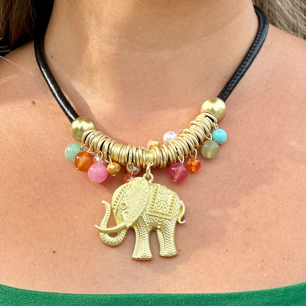 Black Cord Gold Elephant Necklace