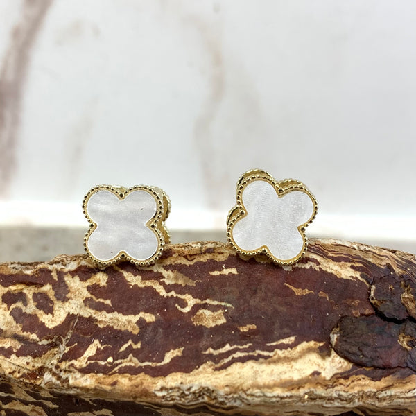 2 sides White Zirconia Clover Gold Earrings