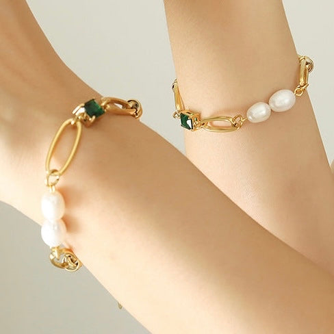 Paper Clip Green and Pearl Gold Bracelet