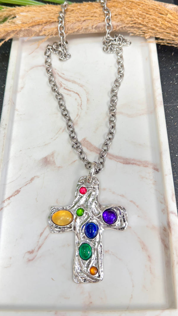 Cross Multicolors Silver Necklace