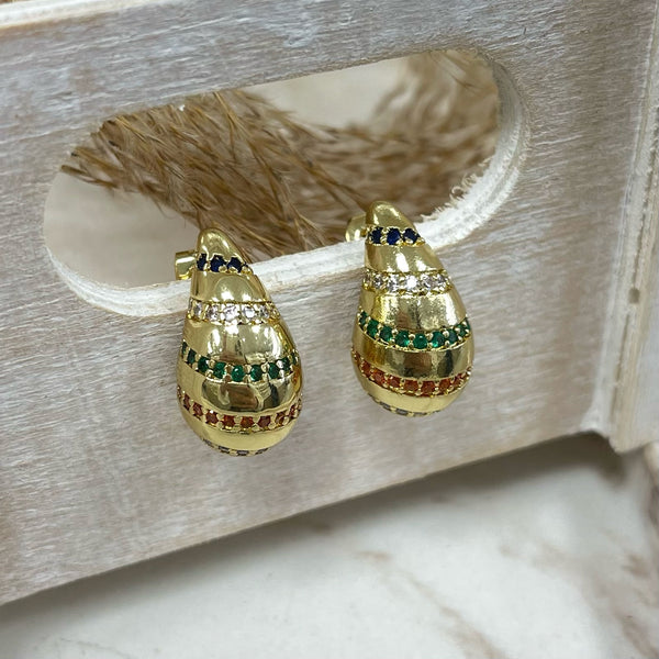 Gold Drops With Lines Colors Quartz Earrings