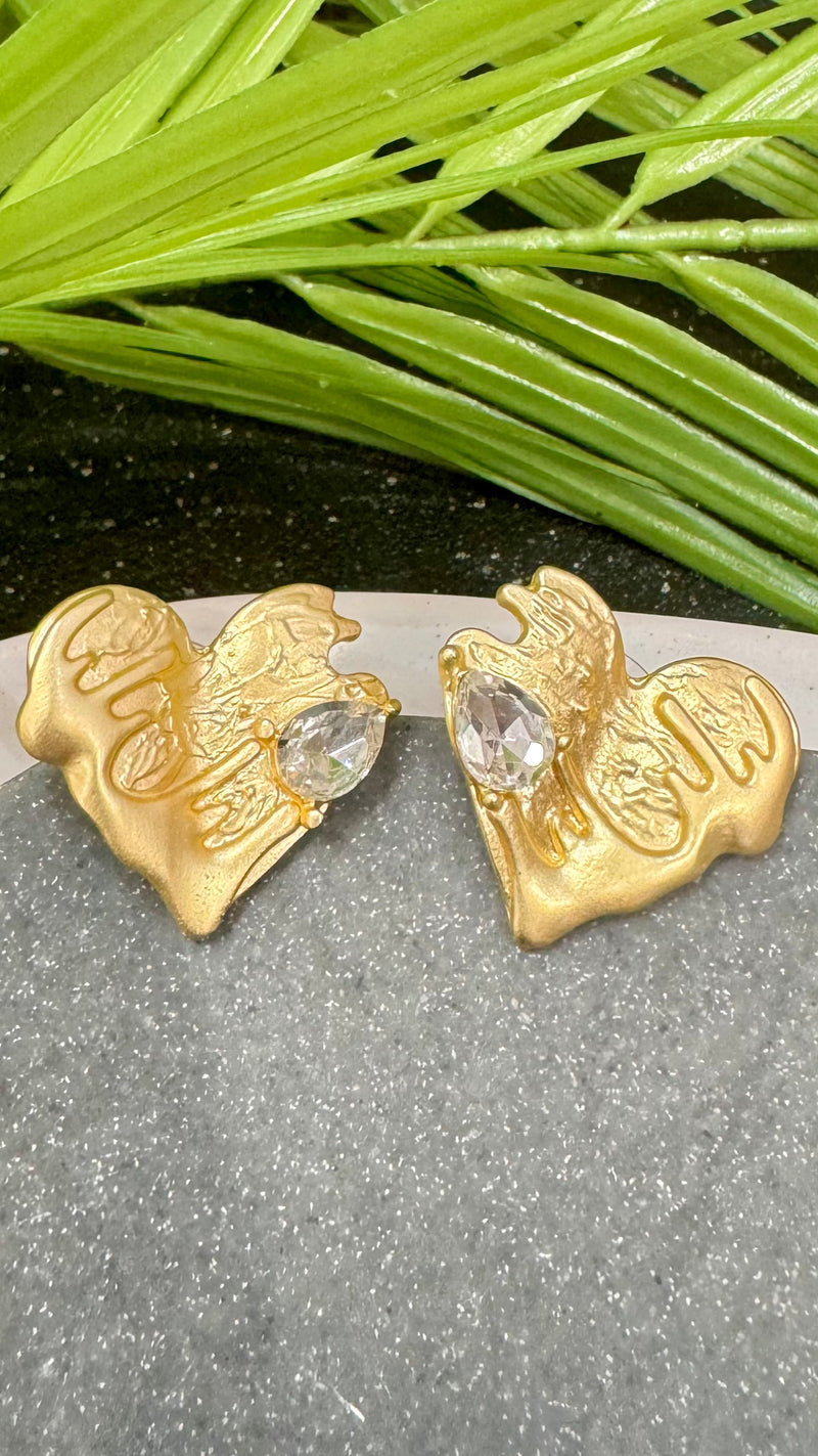 Clear Quartz Heart Gold Earrings