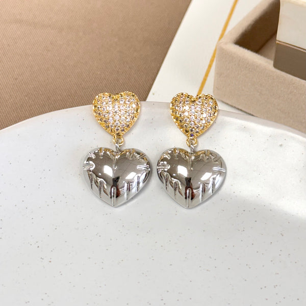 Two Tone Heart With Quartz Earrings