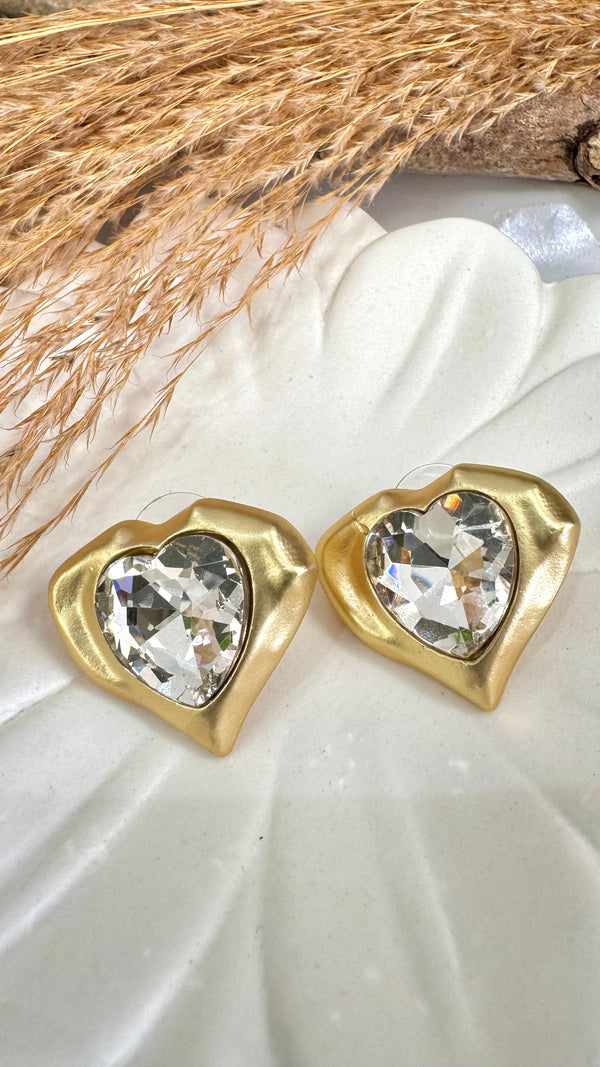 Wave Clear Quartz Heart Gold Earrings