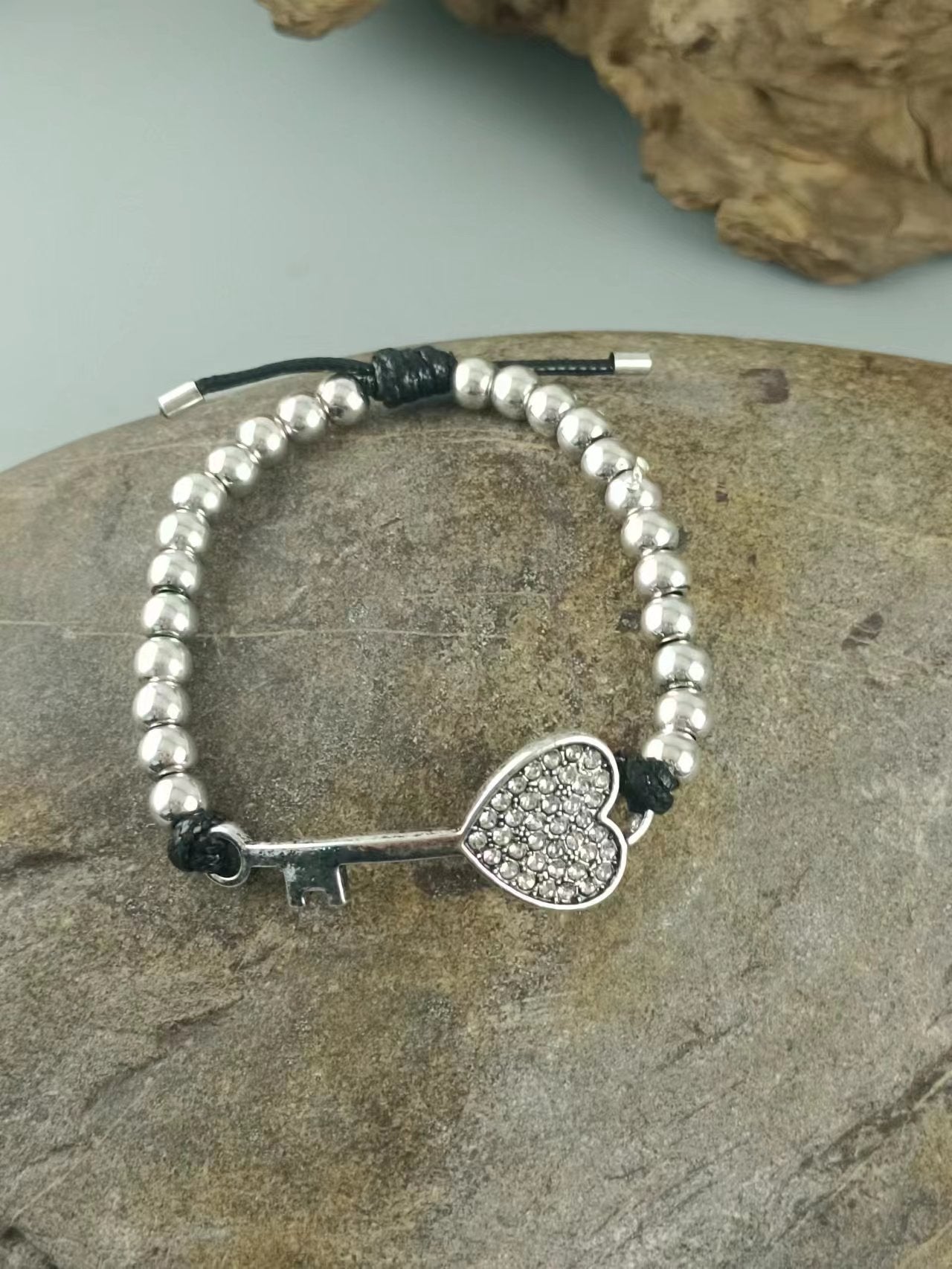 Crystal Heart Key Silver Bracelet