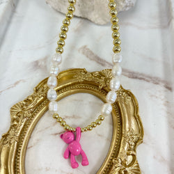 Pearls and Gold Necklace With Fuchsia Teddy