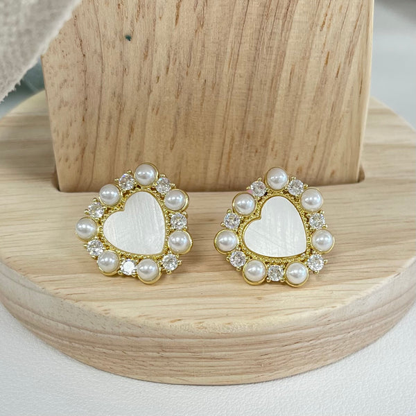 White Heart With Pearls and Quartz Earrings