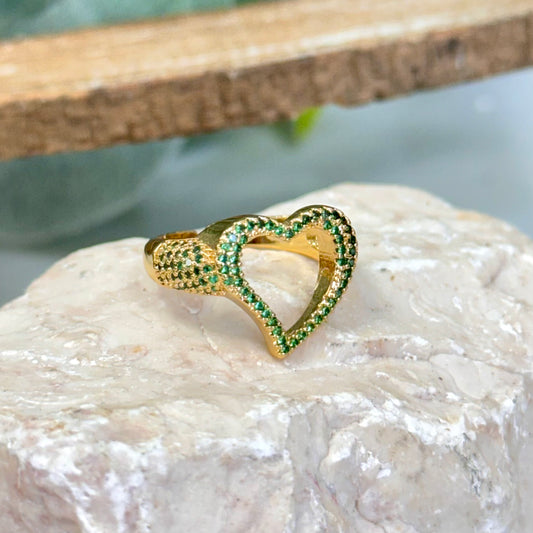 Open Heart With Green Quartz Gold Ring