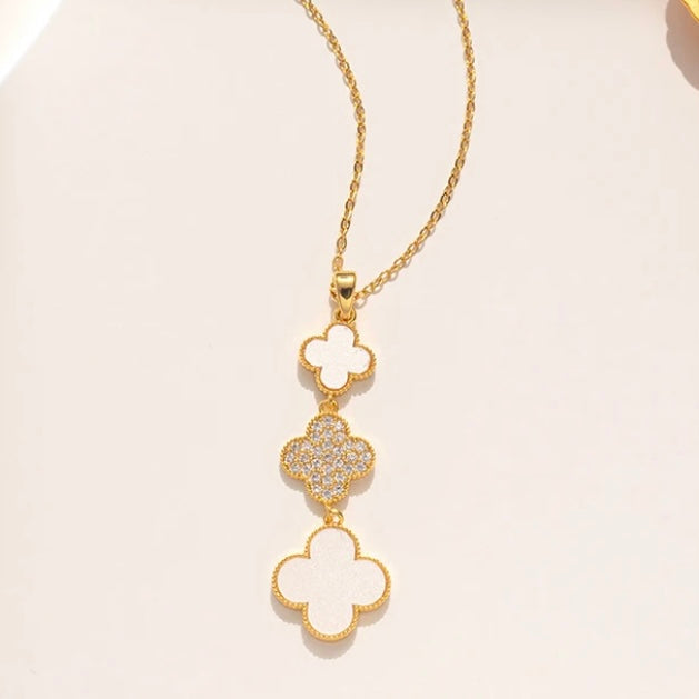 White 3 Clover Zirconia Gold  Necklace