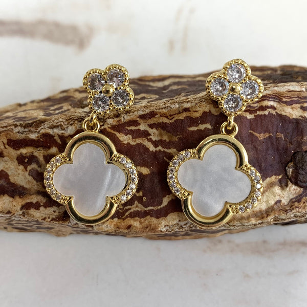 White Clover Zirconia Gold Earrings