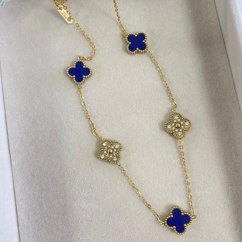 Blue And Zirconia Clover Gold Necklace