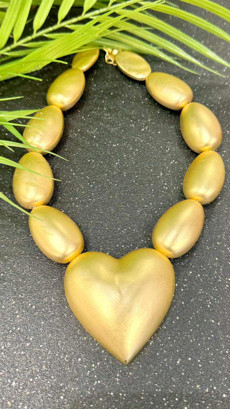 Big Bold Heart Oval Beads Gold Necklace