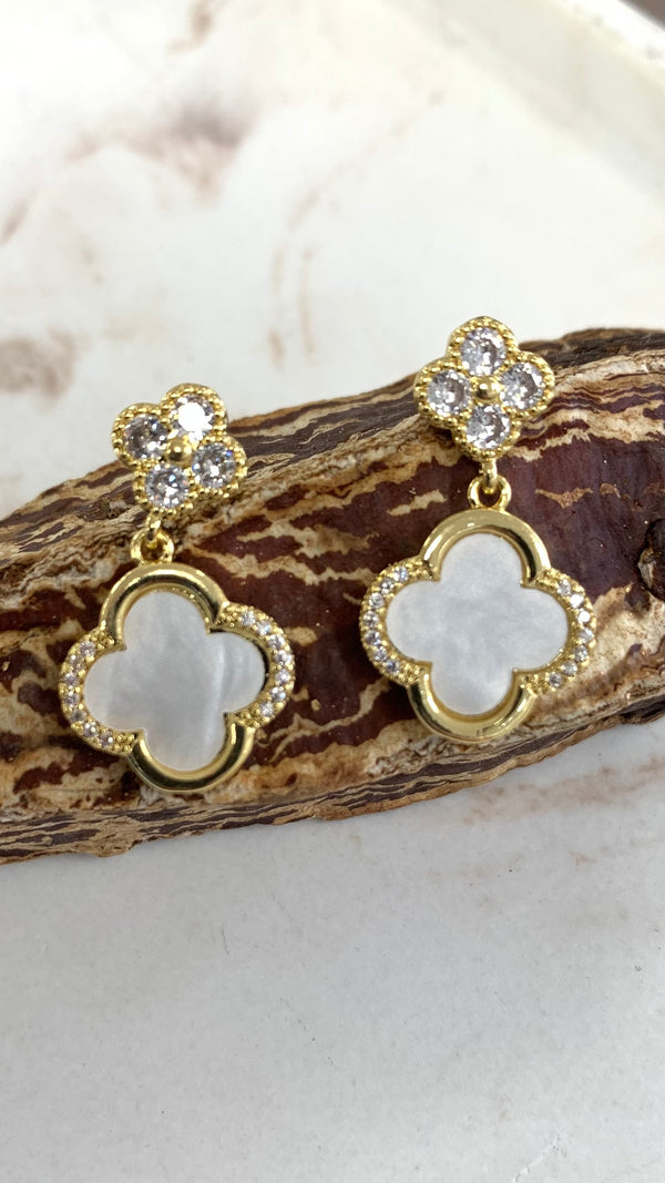 White Clover Zirconia Gold Earrings