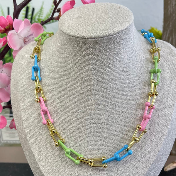 Paper Clip Green, Blue and Pink Gold Necklace