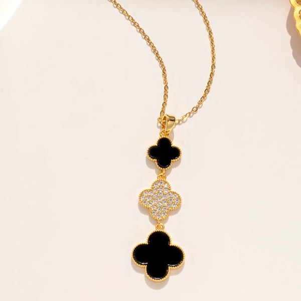 Black 3 Clover Zirconia Gold  Necklace