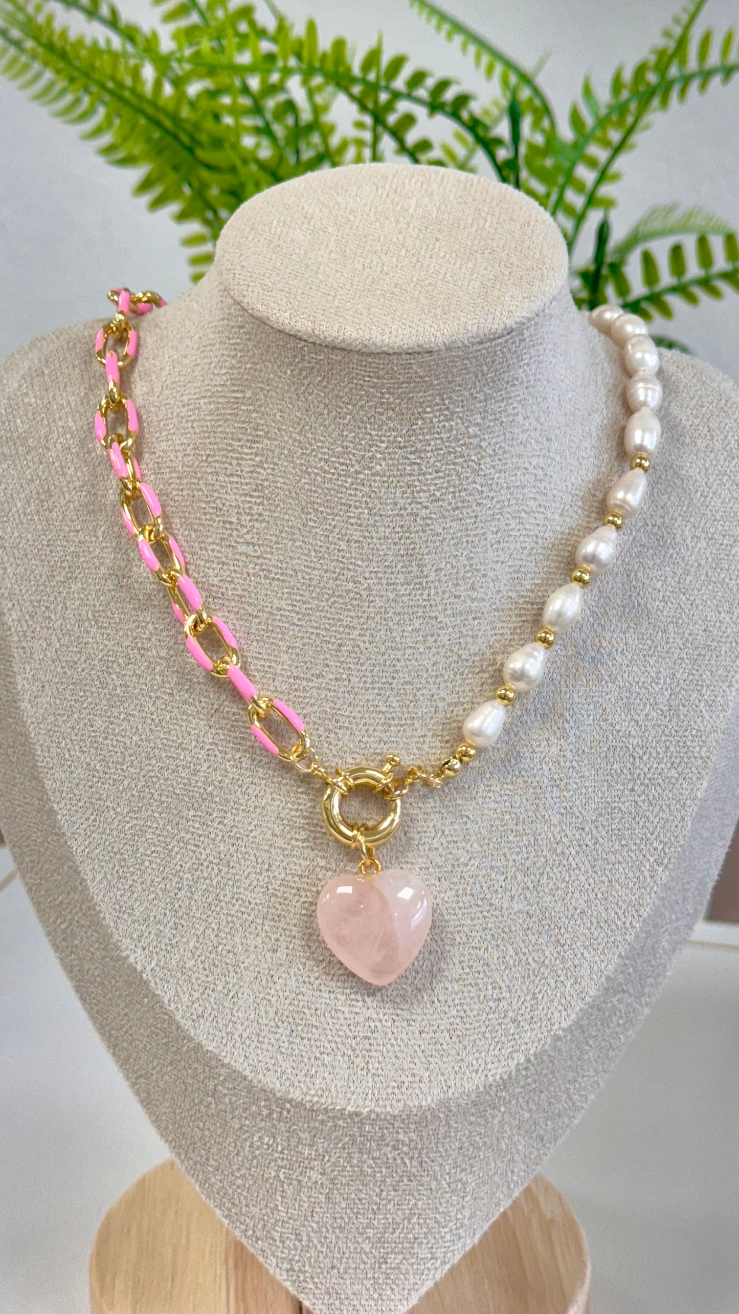 Half Pink Chain And Pearl Necklace With Pink Quartz Heart