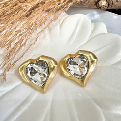 Wave Clear Quartz Heart Gold Earrings